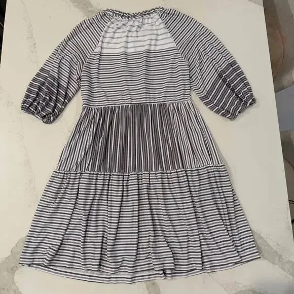 Violet Weekend Gray Purple Stripe Tasseled Neck Tiered Midi Dress Women's Medium - Picture 8 of 8